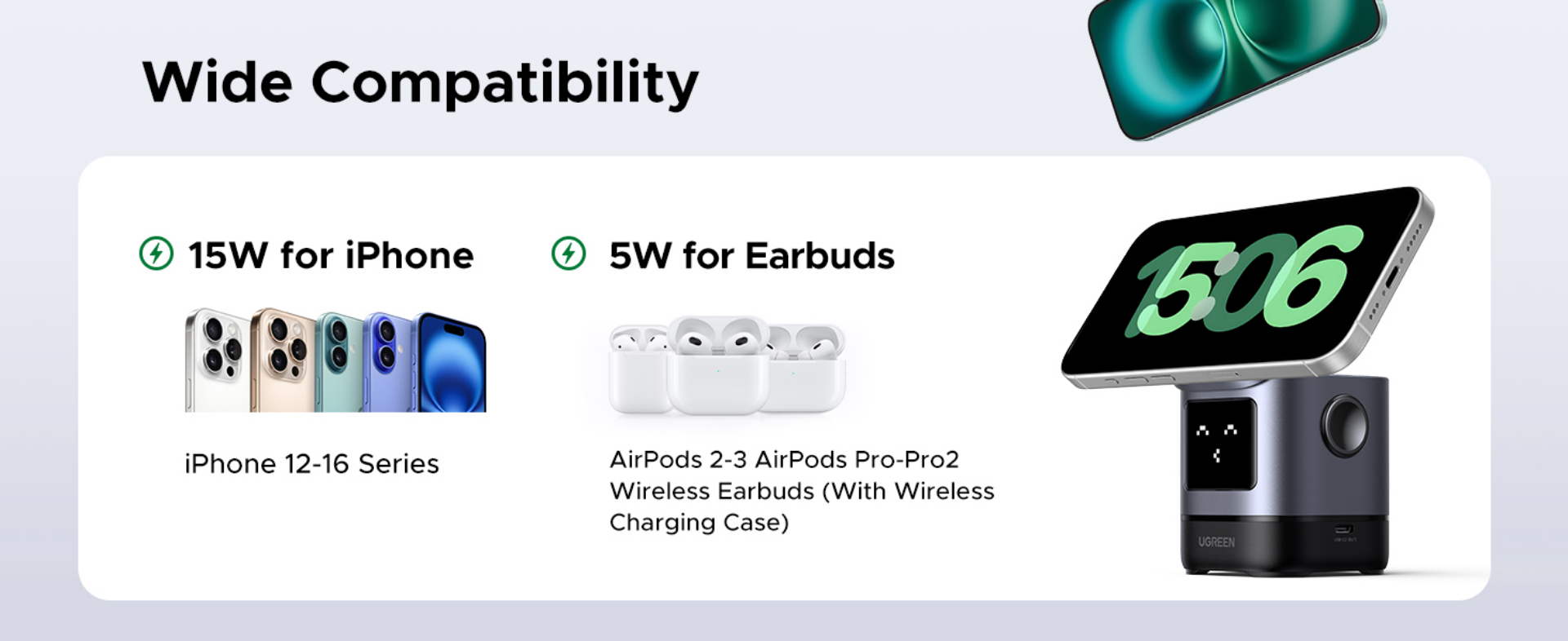 Bevielis įkroviklis UGREEN 2-in-1 Magnetic Wireless Charger aprašymas - Prekės nuotrauka