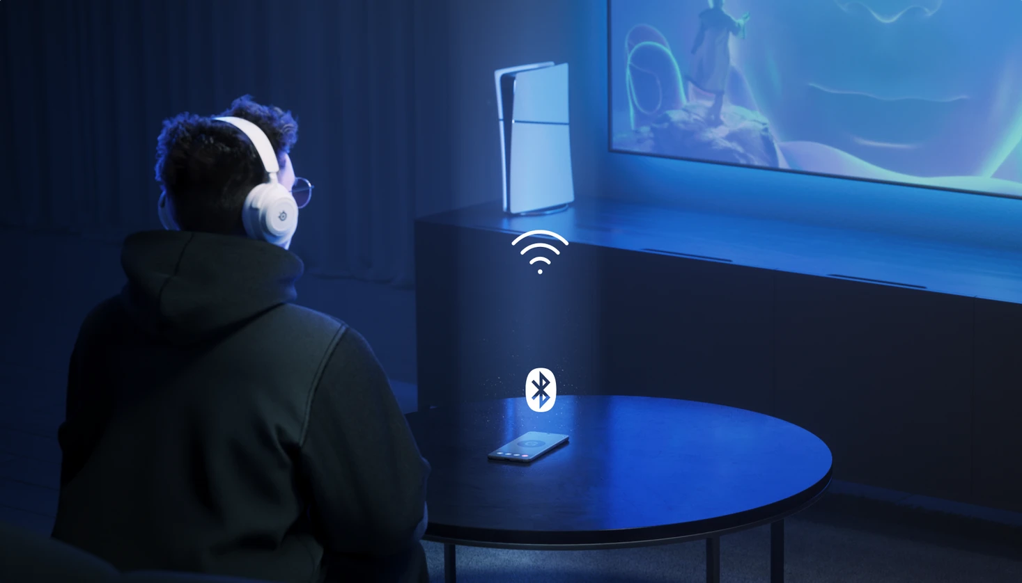 Belaidės ausinės su mikrofonu SteelSeries Arctis Nova 7P Over-Ear, Baltos/Mėlynos spalvos aprašymas - Prekės nuotrauka