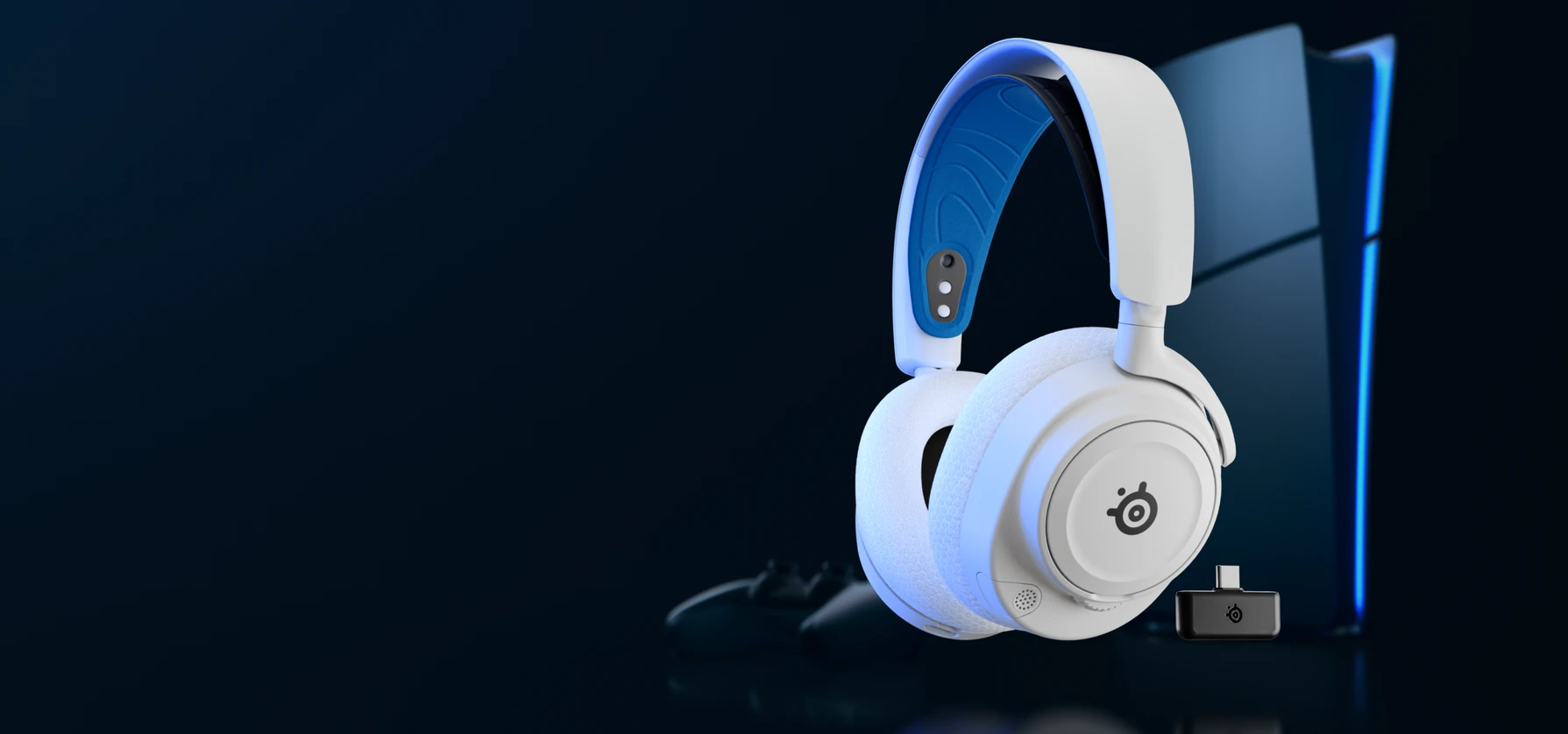 Belaidės ausinės su mikrofonu SteelSeries Arctis Nova 7P Over-Ear, Baltos/Mėlynos spalvos aprašymas - Prekės nuotrauka