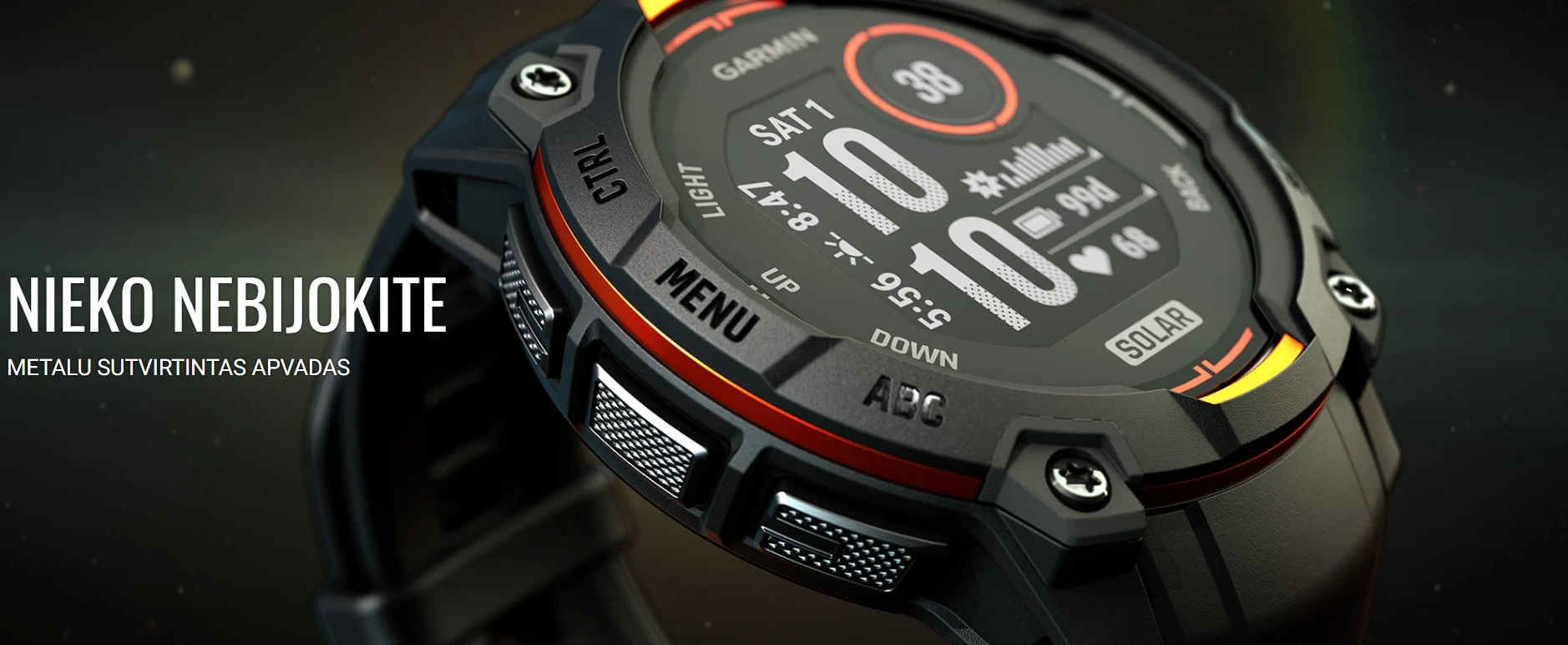 Išmanusis laikrodis Garmin Instinct 3 – 50 mm, Solar, Prieblandos dizaino su saulėgrįžos dizaino dirželiu aprašymas - Prekės nuotrauka