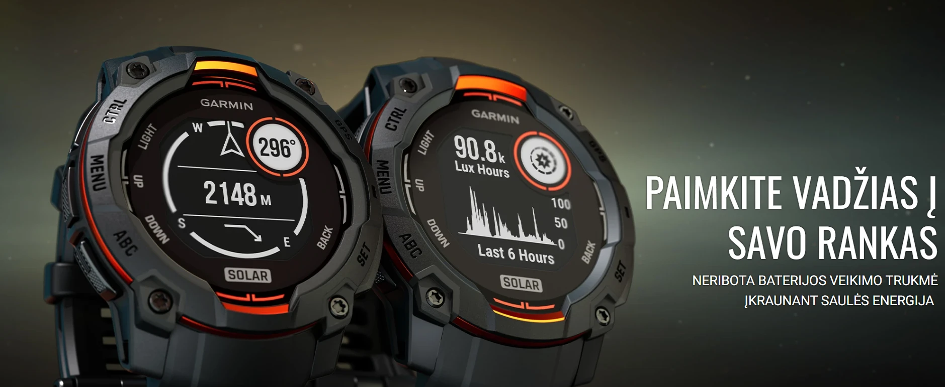 Išmanusis laikrodis Garmin Instinct 3 – 50 mm, Solar, Prieblandos dizaino su saulėgrįžos dizaino dirželiu aprašymas - Prekės nuotrauka