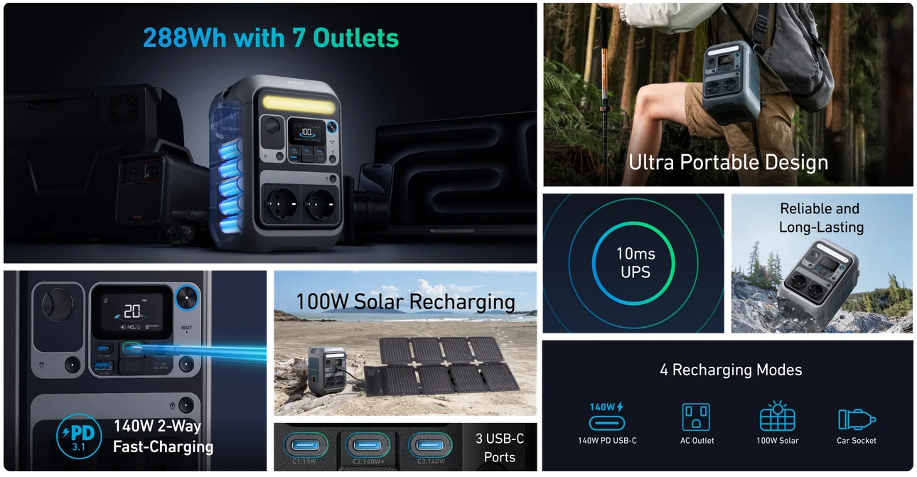 Anker SOLIX C300X nešiojama elektros energijos stotis 288 Wh | 300 W aprašymas - Prekės nuotrauka
