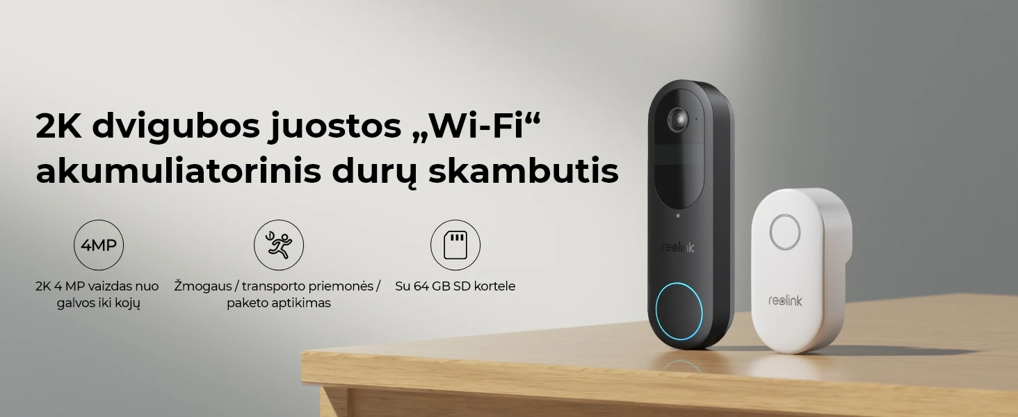 Išmanusis durų skambutis Reolink D340B su vaizdo funkcija ir 64 GB atminties kortele aprašymas - Prekės nuotrauka