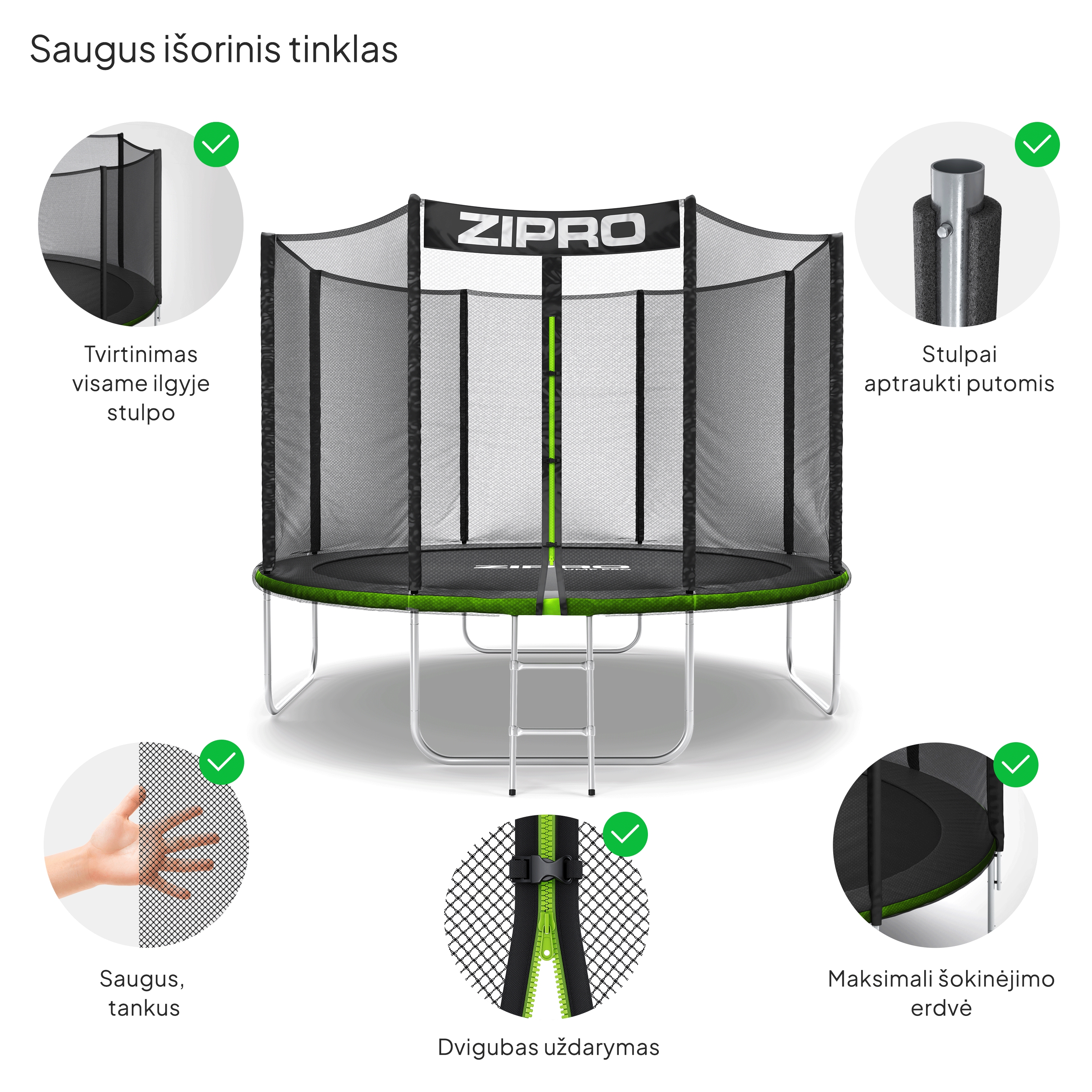 Zipro Jump Pro OUT batutas su išoriniu tinklu, 312 cm aprašymas - Prekės nuotrauka