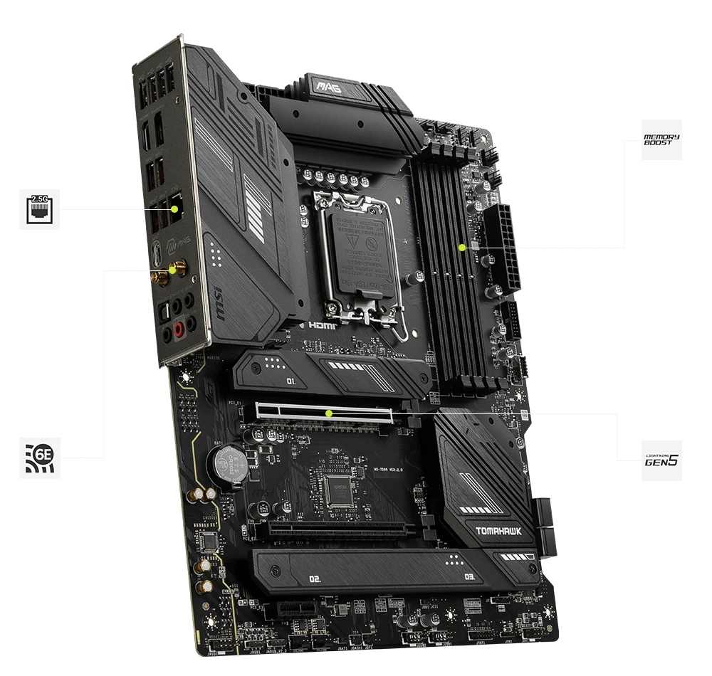 Pagrindinė plokštė MSI MAG B760 TOMAHAWK WIFI | Intel B760 Express | LGA1700 | ATX | Atmintis DDR5 | Atminties lizdai 4 | 1xPCI-Express 1x | 2xPCI-Express 16x | 3xM.2 | 1xHDMI | 1xDisplayPort aprašymas - Prekės nuotrauka