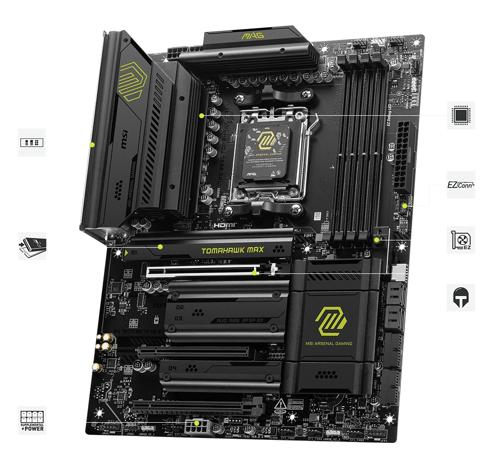 Pagrindinė plokštė MSI MAG B850 TOMAHAWK MAX WIFI | AMD B850 | SAM5 | ATX | Atmintis DDR5 | Atminties lizdai 4 | 3x PCI Express 16x | 4x M.2 | 1x HDMI aprašymas - Prekės nuotrauka