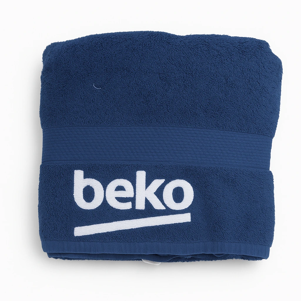 Reklaminis rankšluostis su BEKO logotipu, mėlynas aprašymas - Prekės nuotrauka