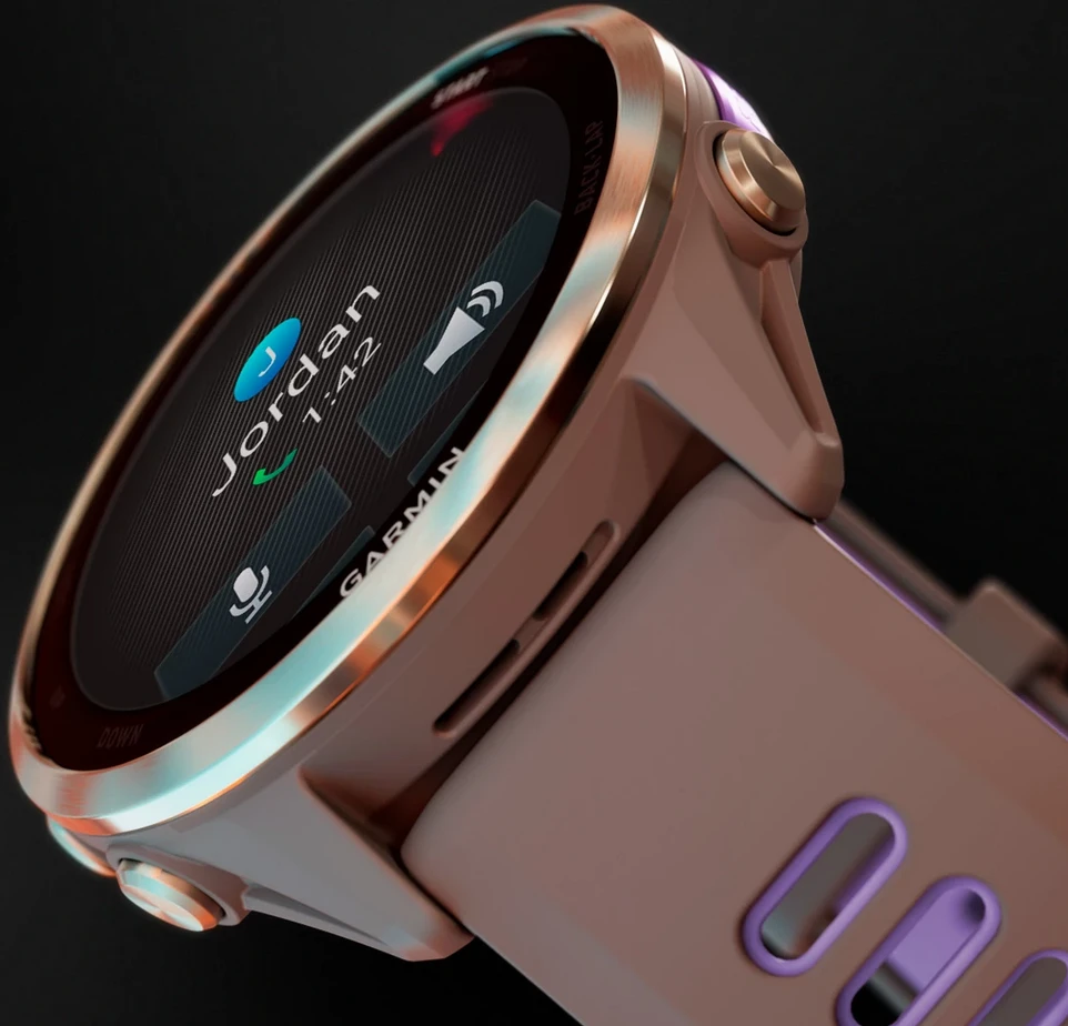 Išmanusis laikrodis Garmin Forerunner 970, Pilkos spalvos DLC titanas su juodu korpusu ir juodu / permatomu baltojo akmens dirželiu aprašymas - Prekės nuotrauka