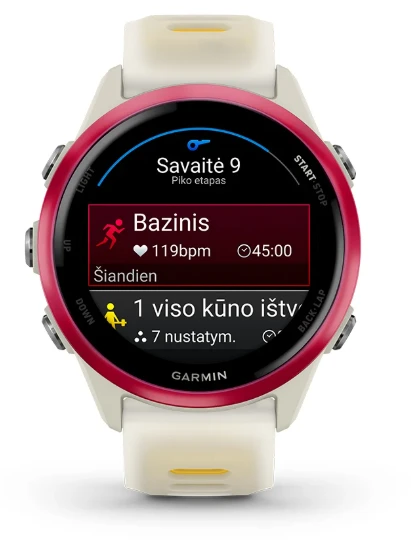 Išmanusis laikrodis Garmin Forerunner® 570 - 42mm Rožinės spalvos aliuminis su permatomu kreminės / mango spalvos dirželiu aprašymas - Prekės nuotrauka