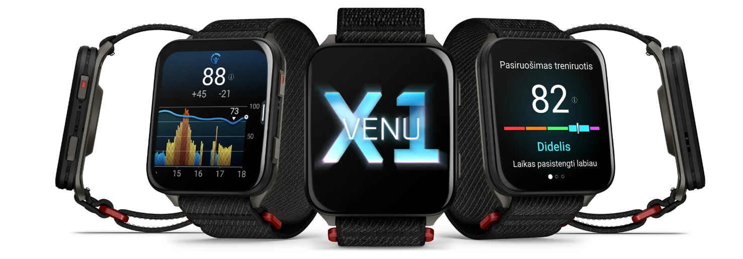 Išmanusis laikrodis Garmin Venu® X1, Juodos spalvos su pilko titano nugarėle ir juodos spalvos „ComfortFit“ nailoniniu dirželiu aprašymas - Prekės nuotrauka