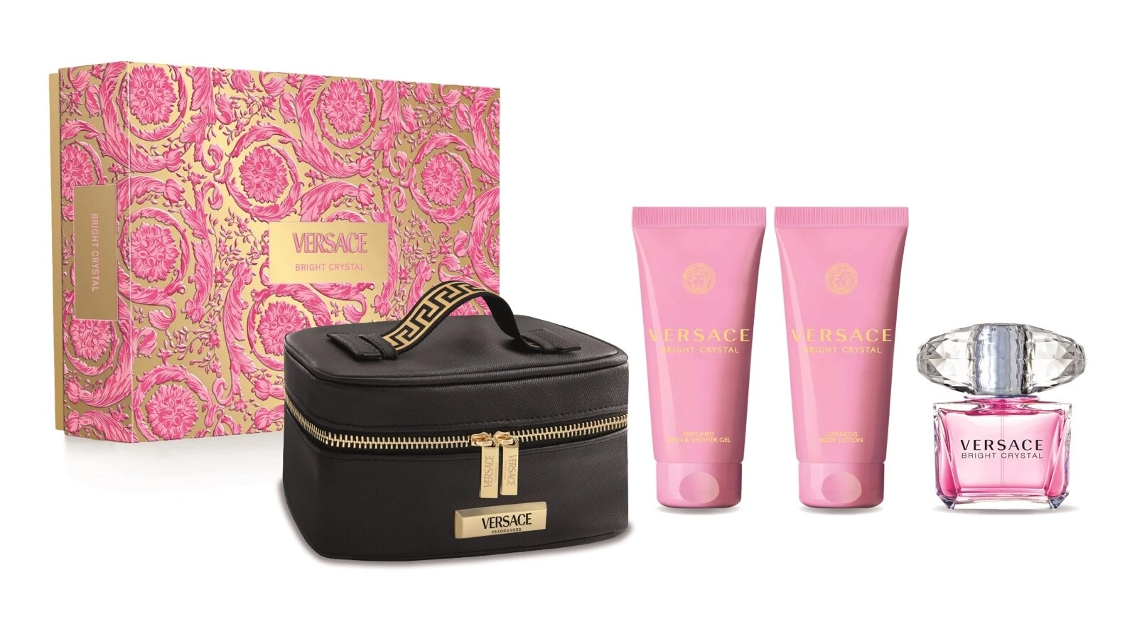 Kvepalų rinkinys moterims Versace Bright Crystal (EDT, 90 ml + kūno losjonas, 100 ml + dušo želė, 100 ml + kosmetinė) aprašymas - Prekės nuotrauka