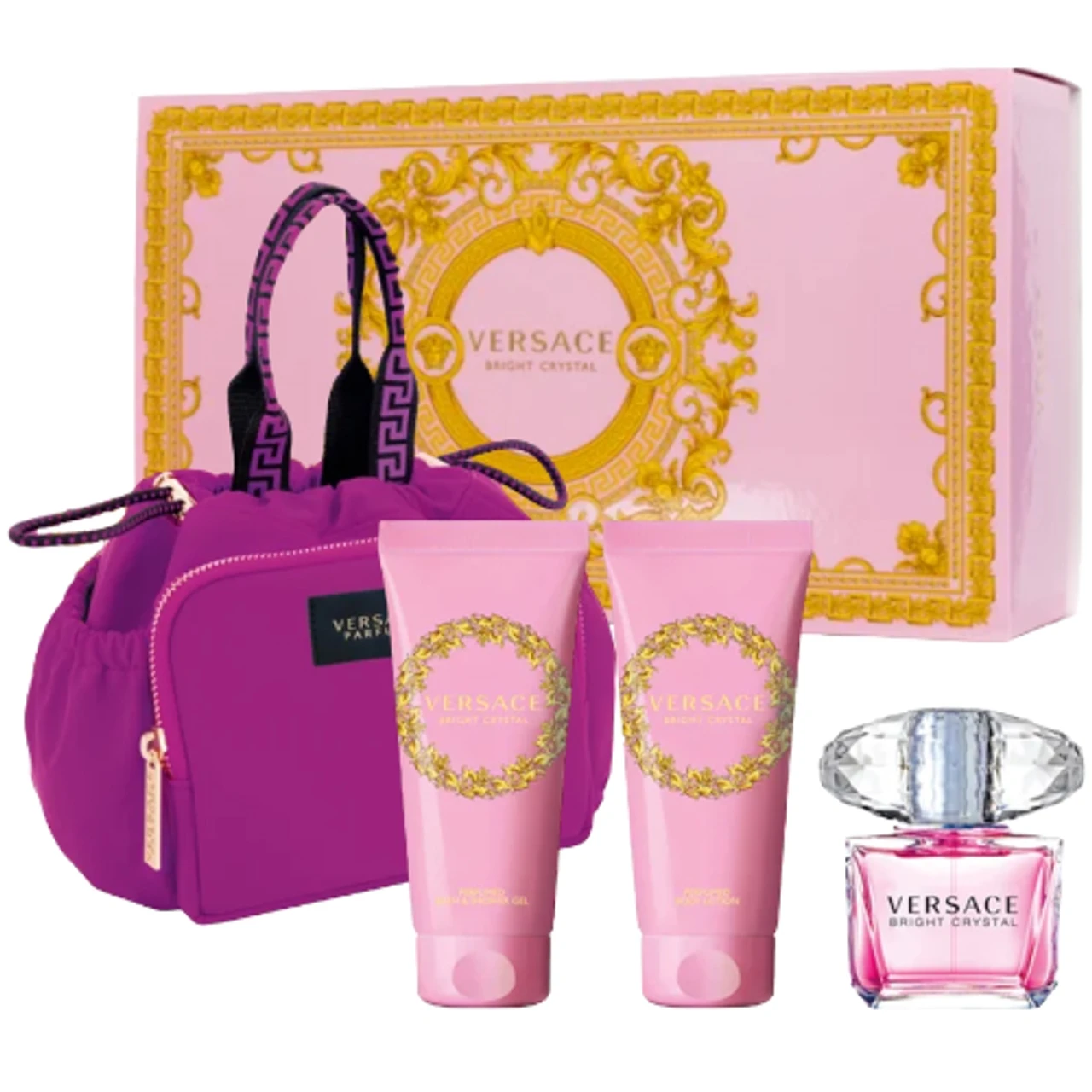 Kvepalų rinkinys moterims Versace Bright Crystal (EDT, 90 ml + kūno losjonas, 100 ml + dušo želė, 100 ml + kosmetinė) aprašymas - Prekės nuotrauka