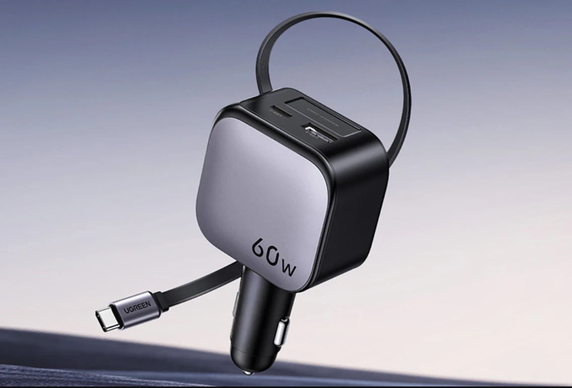 UGREEN Nexode 60W automobilinis įkroviklis su ištraukiamu USB-C laidu aprašymas - Prekės nuotrauka