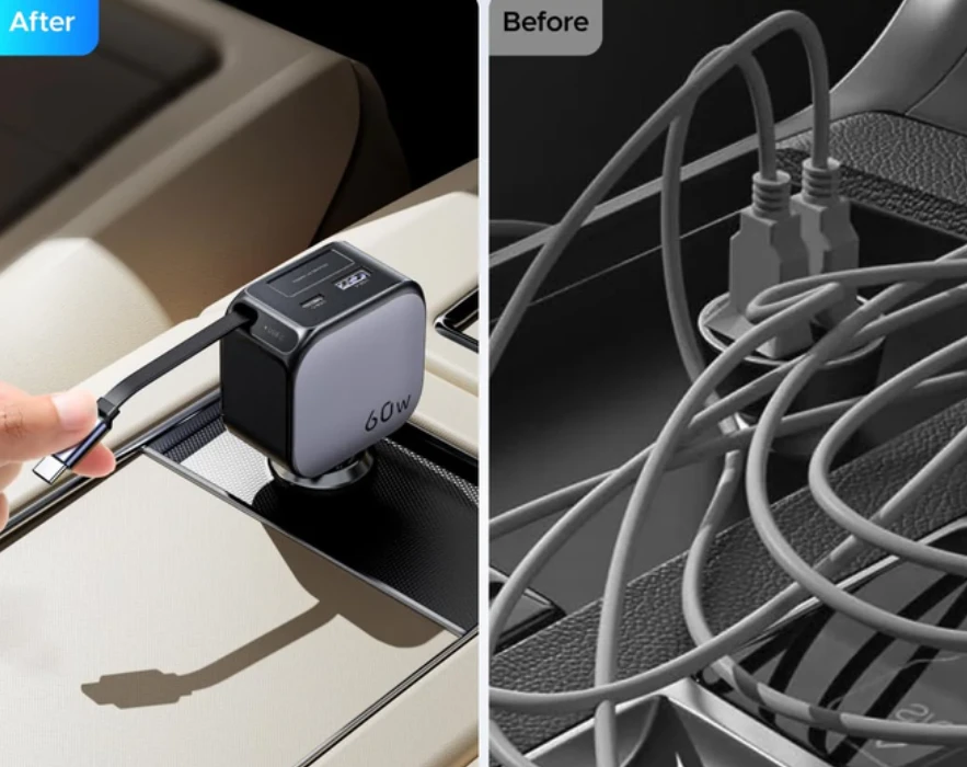 UGREEN Nexode 60W automobilinis įkroviklis su ištraukiamu USB-C laidu aprašymas - Prekės nuotrauka