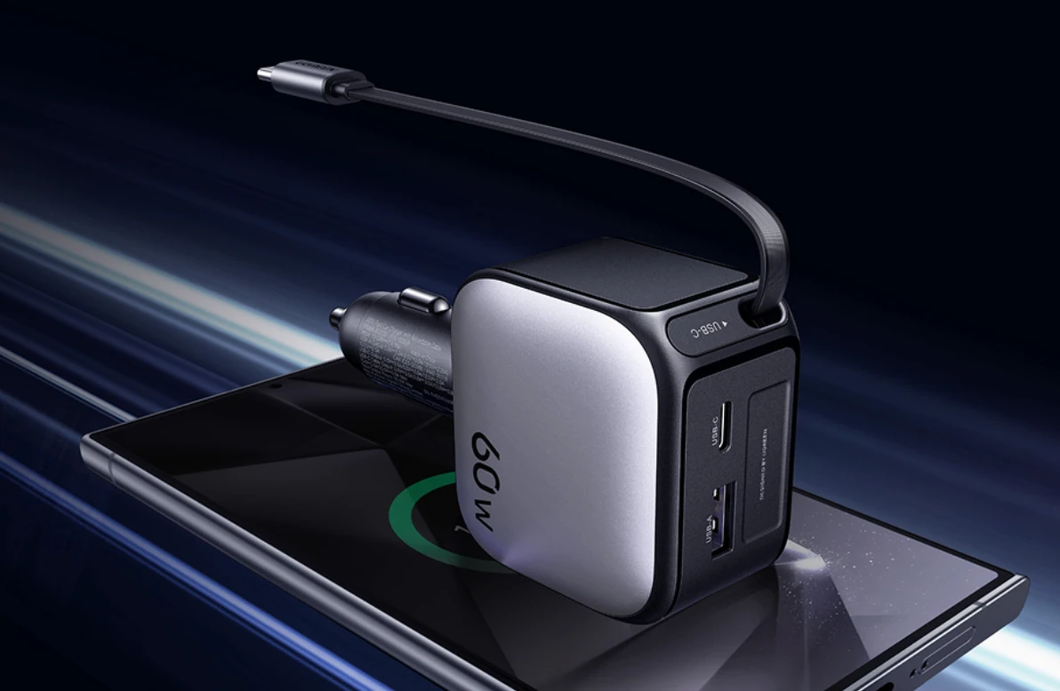 UGREEN Nexode 60W automobilinis įkroviklis su ištraukiamu USB-C laidu aprašymas - Prekės nuotrauka