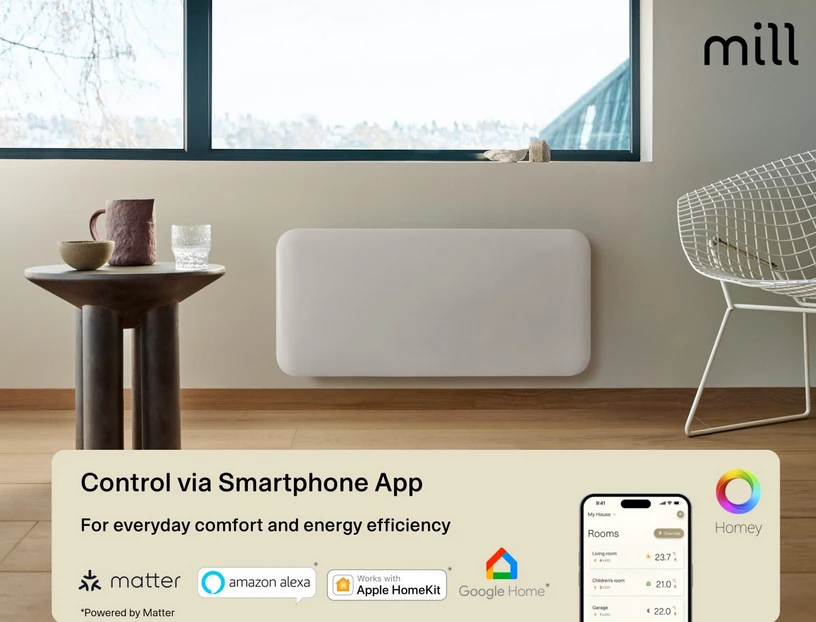 Elektrinis šildytuvas Mill Invisible Smart WiFi Panel Heater, 1300 W, Juodas, IPX4 aprašymas - Prekės nuotrauka