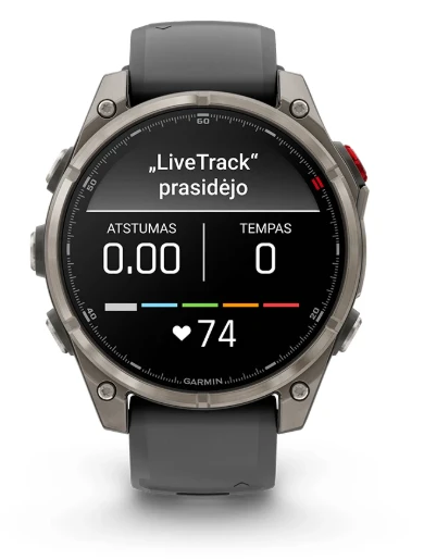 Išmanusis laikrodis Garmin fēnix® 8 Pro – 47 mm, AMOLED Sapphire, Pilkos anglies spalvos DLC titanas su juodos / pilkos akmenukų spalvos silikoniniu dirželiu aprašymas - Prekės nuotrauka