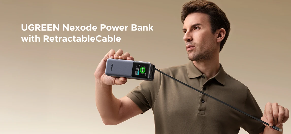 Nešiojama baterija UGREEN Nexode Power Bank, 165W, 20,000 mAh, su įtraukiamu kabeliu aprašymas - Prekės nuotrauka