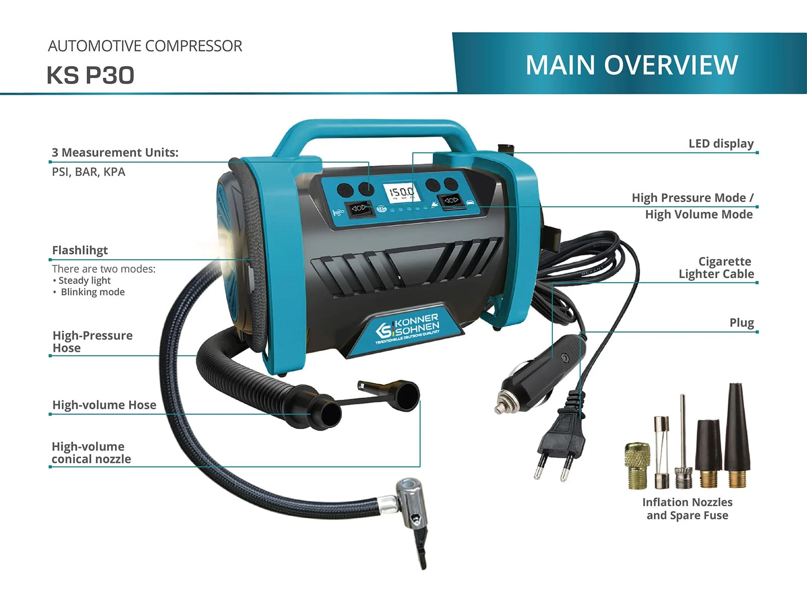 Konner & Sohnen Kompresorius (maitinamas iš automobilio arba elektros lizdo) 120W, 10,3bar, 35l/min, KS P30 aprašymas - Prekės nuotrauka