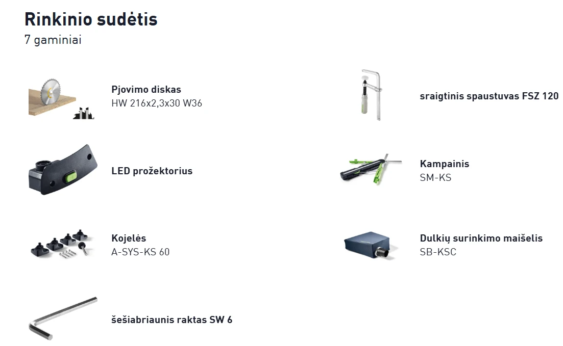 Akumuliatorinis traukiamas skersinio pjovimo pjūklas Festool KSC 60 EB-Basic | 577775 (be akumuliatoriaus ir pakrovėjo) aprašymas - Prekės nuotrauka
