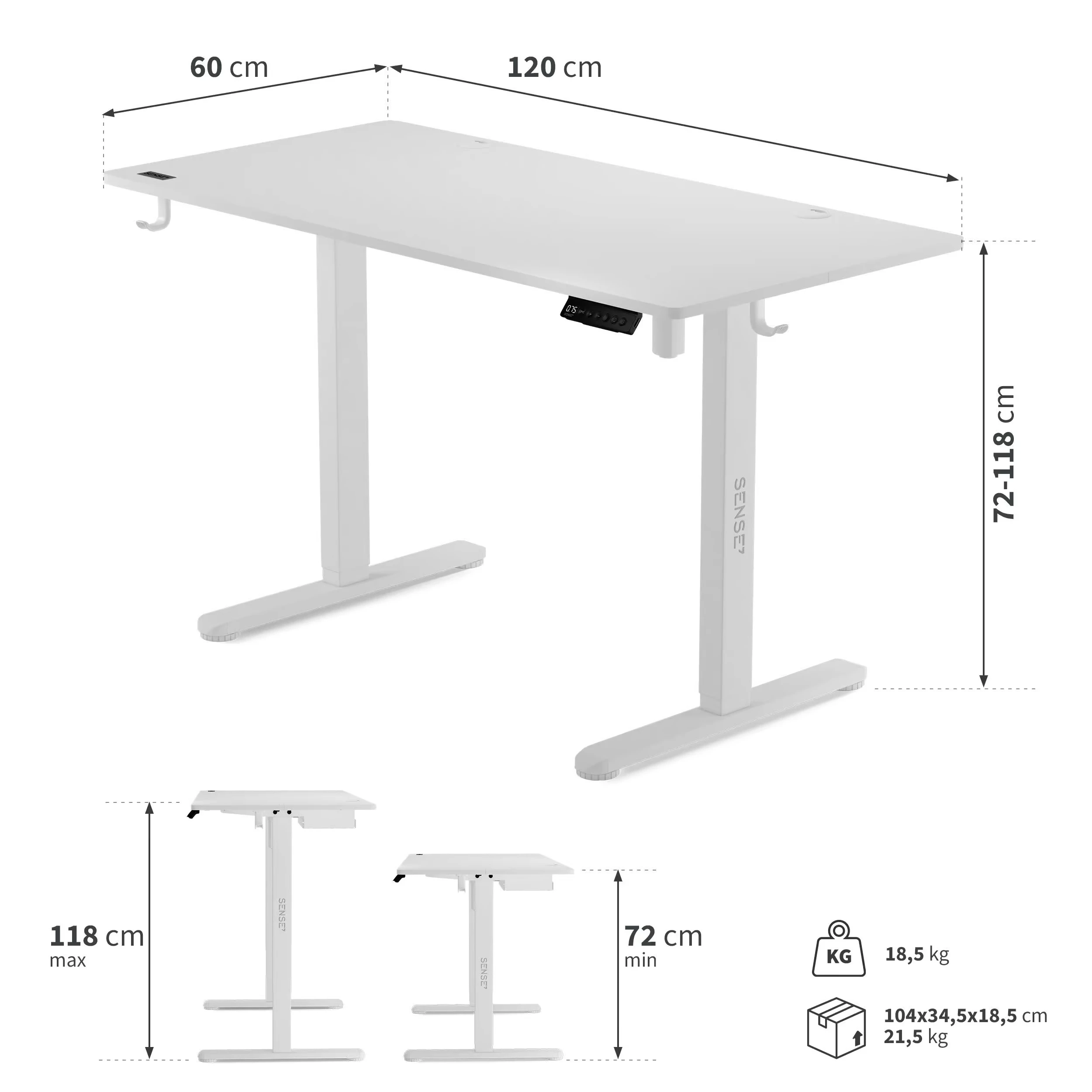 Reguliuojamo aukščio rašomasis stalas Sense7 Nojo 120x60 | baltos spalvos aprašymas - Prekės nuotrauka