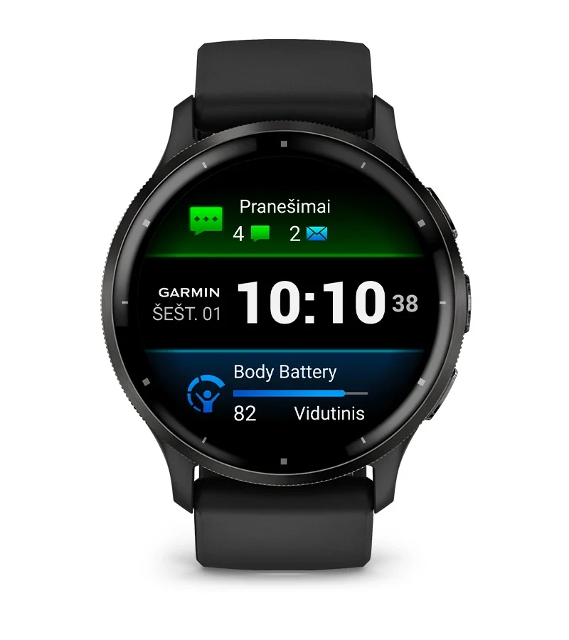 Išmanusis laikrodis Garmin Venu® 3, 45 mm, Skalūno spalvos nerūdijančiojo plieno apvadas, su juodu korpusu ir silikoniniu dirželiu aprašymas - Prekės nuotrauka