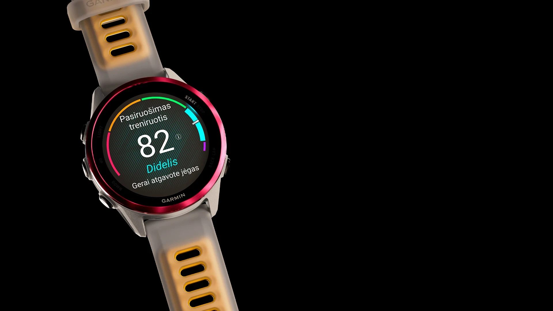 Išmanusis laikrodis Garmin Forerunner® 570 - 47mm, Ryškiai geltonos spalvos aliuminis su permatomu baltojo akmens / turkio spalvos dirželiu aprašymas - Prekės nuotrauka