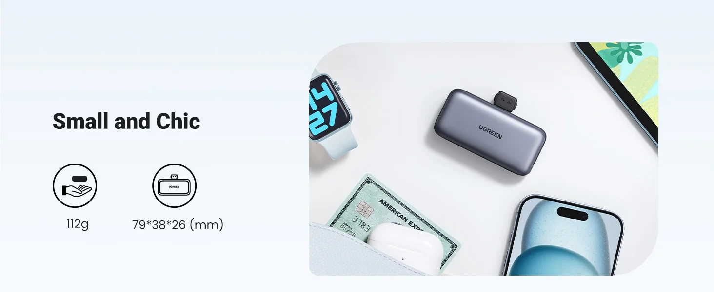 Nešiojama išorinė baterija UGREEN PB503, 5000 mAh 22,5 W, su integruotu USB-C kištuku aprašymas - Prekės nuotrauka