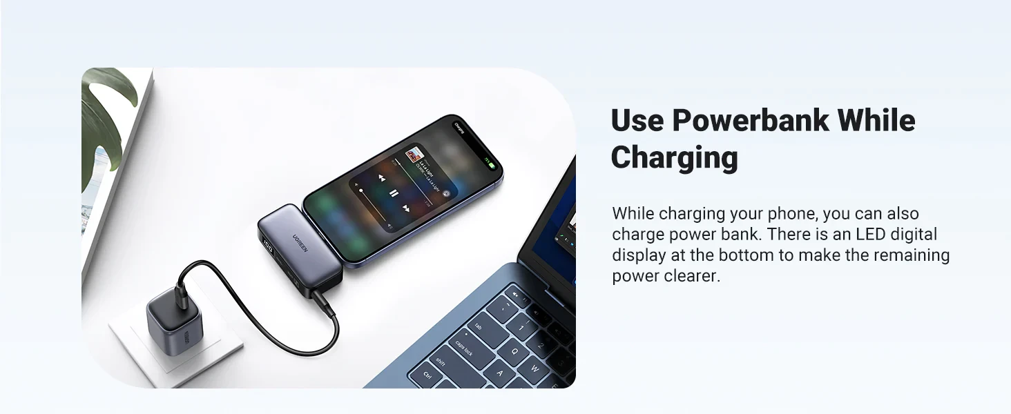 Nešiojama išorinė baterija UGREEN PB503, 5000 mAh 22,5 W, su integruotu USB-C kištuku aprašymas - Prekės nuotrauka