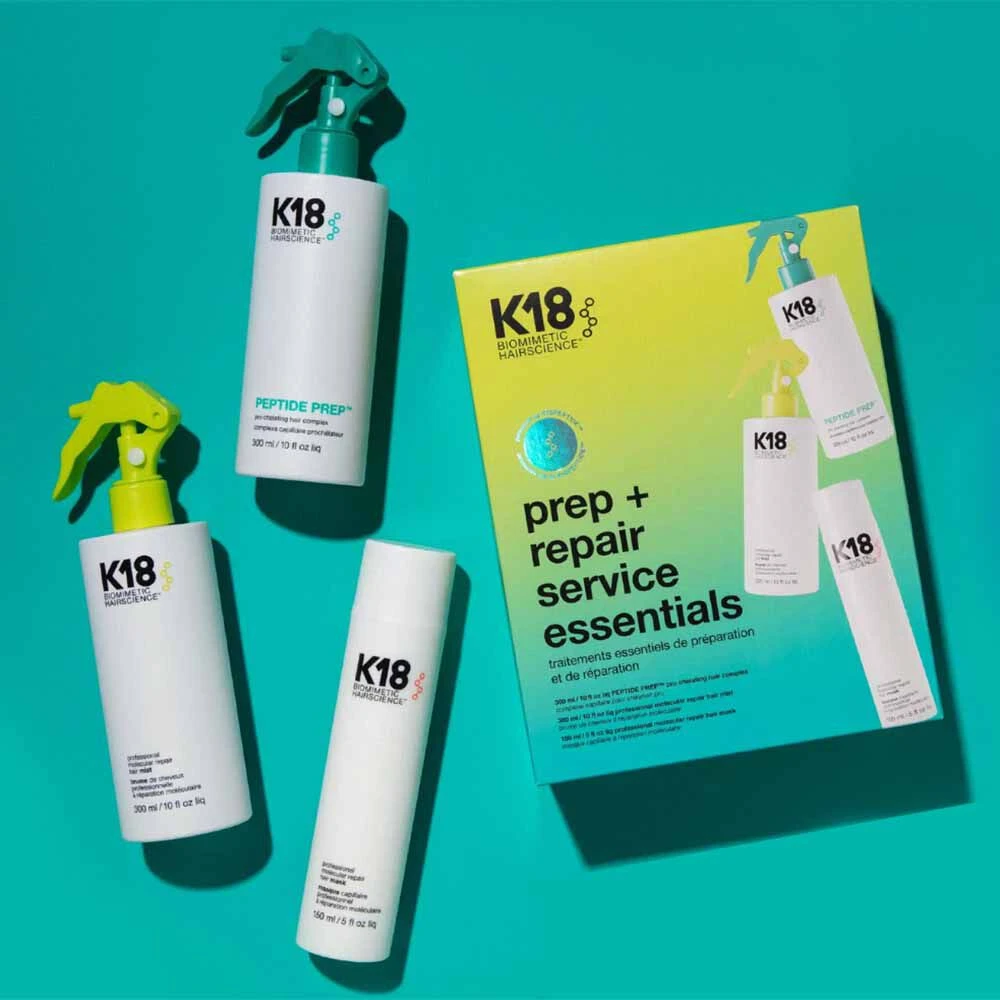 Plaukų priežiūros rinkinys K18 Prep+ Repair Service Essentials (metalų šalinimo priemonė, 300 ml + maitinantis puškalas, 300 ml + nenuplaunama kaukė, 150 ml) aprašymas - Prekės nuotrauka