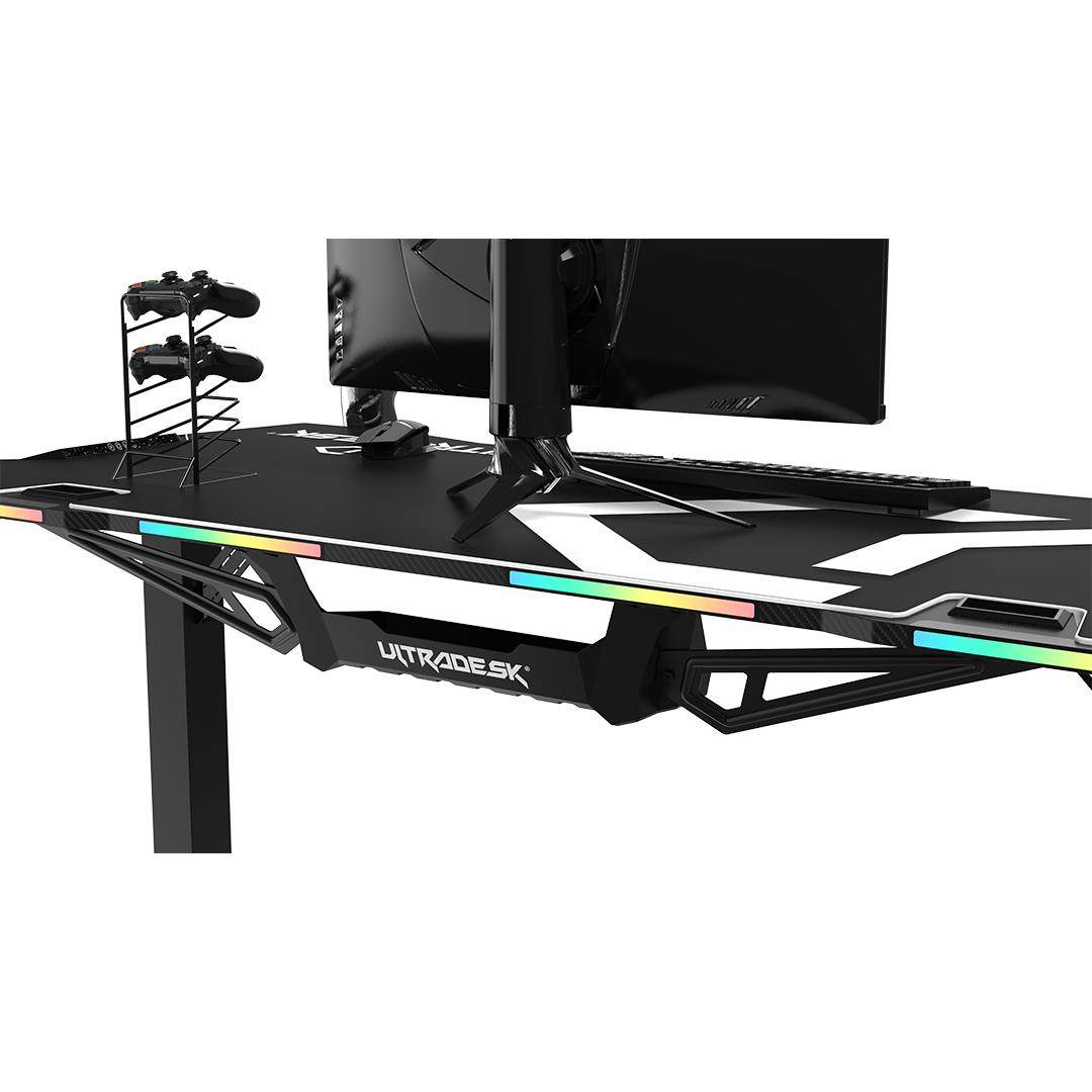 Žaidimų stalas Ultradesk Force Gaming Desk, LED RGB Prismatic, Baltas su juodu kilimėliu aprašymas - Prekės nuotrauka