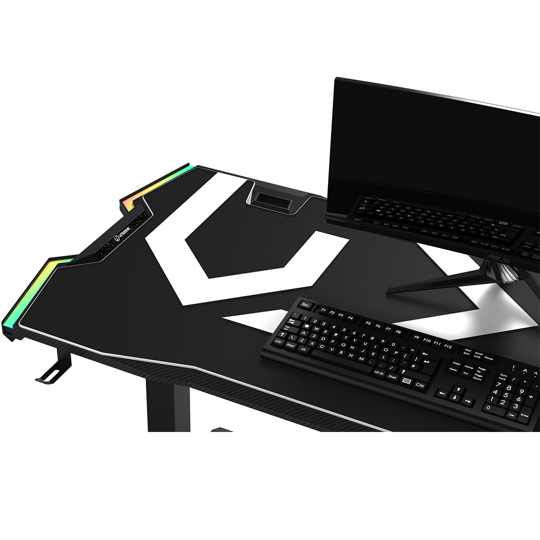 Žaidimų stalas Ultradesk Force Gaming Desk, LED RGB Prismatic, Baltas su juodu kilimėliu aprašymas - Prekės nuotrauka
