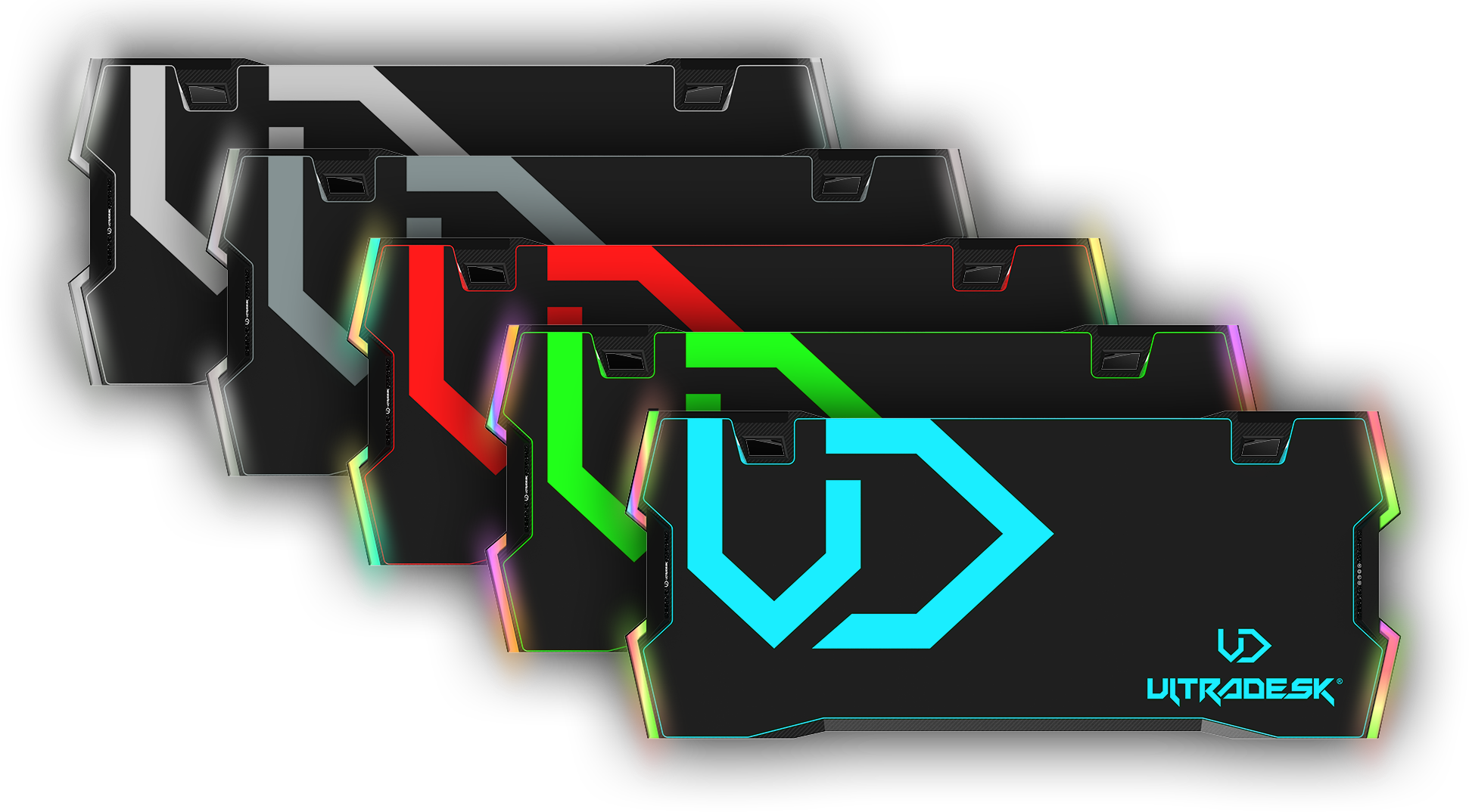 Žaidimų stalas Ultradesk Force Gaming Desk, LED RGB Prismatic, Baltas su juodu kilimėliu aprašymas - Prekės nuotrauka